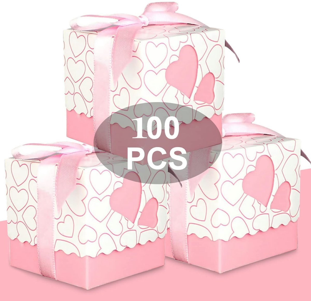 JHUBERS- Bonbonnière Hartvorm - 100 Stuks - Gastgeschenken - Tafelkaarten - Papier - Eenvoudige Montage - Roze - Snoepdoosje