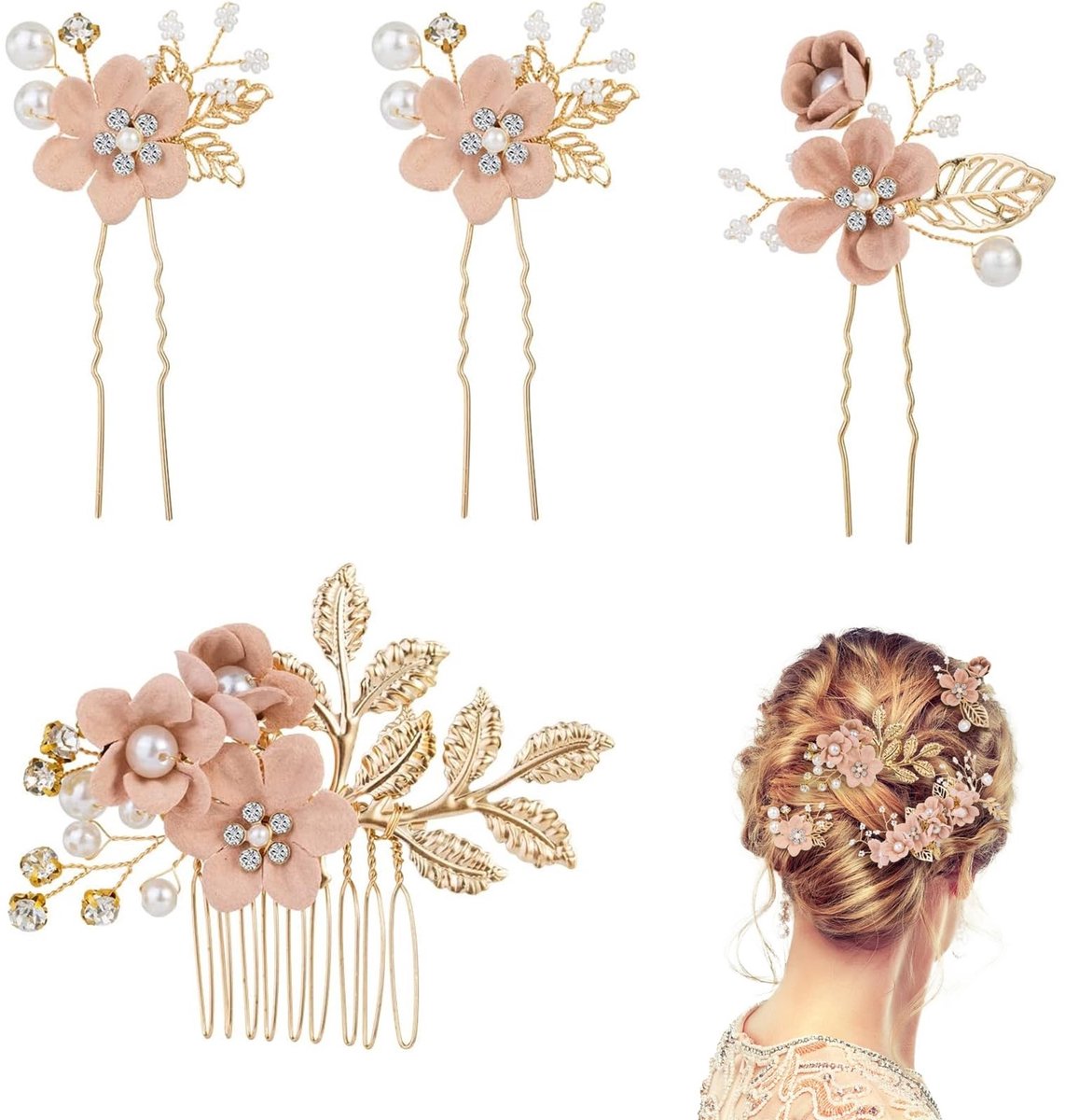 Dailygoods- Haarkammen set van 4 stuks - Gouden haarspelden met parels/strass - Elegant kapsel voor bruid - Haaraccessoires dames - Stijlvolle haaraccessoire voor feest/gala