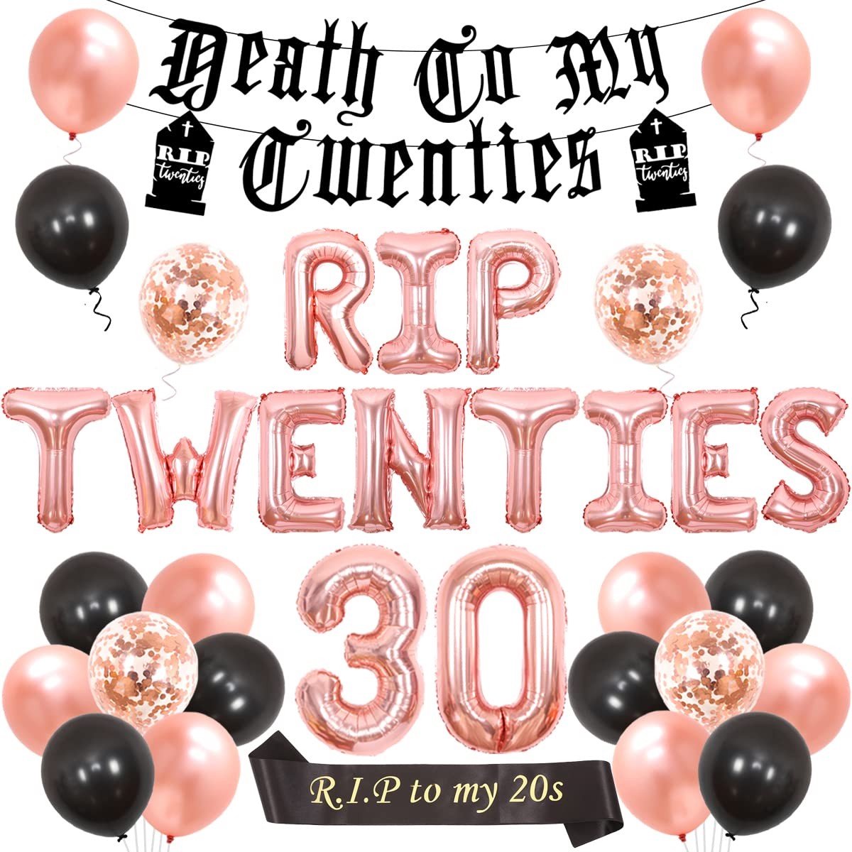 BRENZOOS- Verjaardagsdecoratie Uniek Design - Feestdecoratie - Ballonnen in Roségoud - Banner "Death to my Twenties" - Folieballon Nummer 30 - Grappige Decoratieset