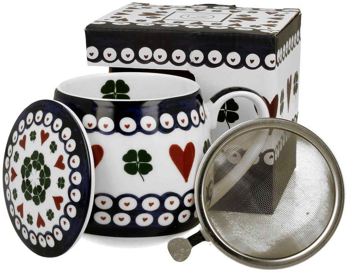 Duo Porseleinen Mok met Zetgroep - Zwart-Wit Bloemenmotief - 430ml