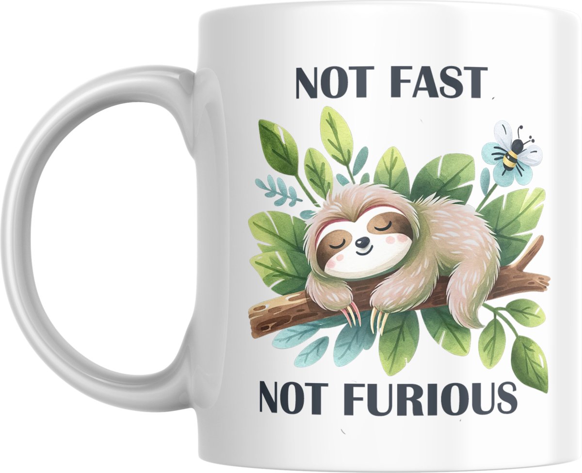 Grappige mok "Not Fast, Not Furious" met luiaard - origineel cadeau