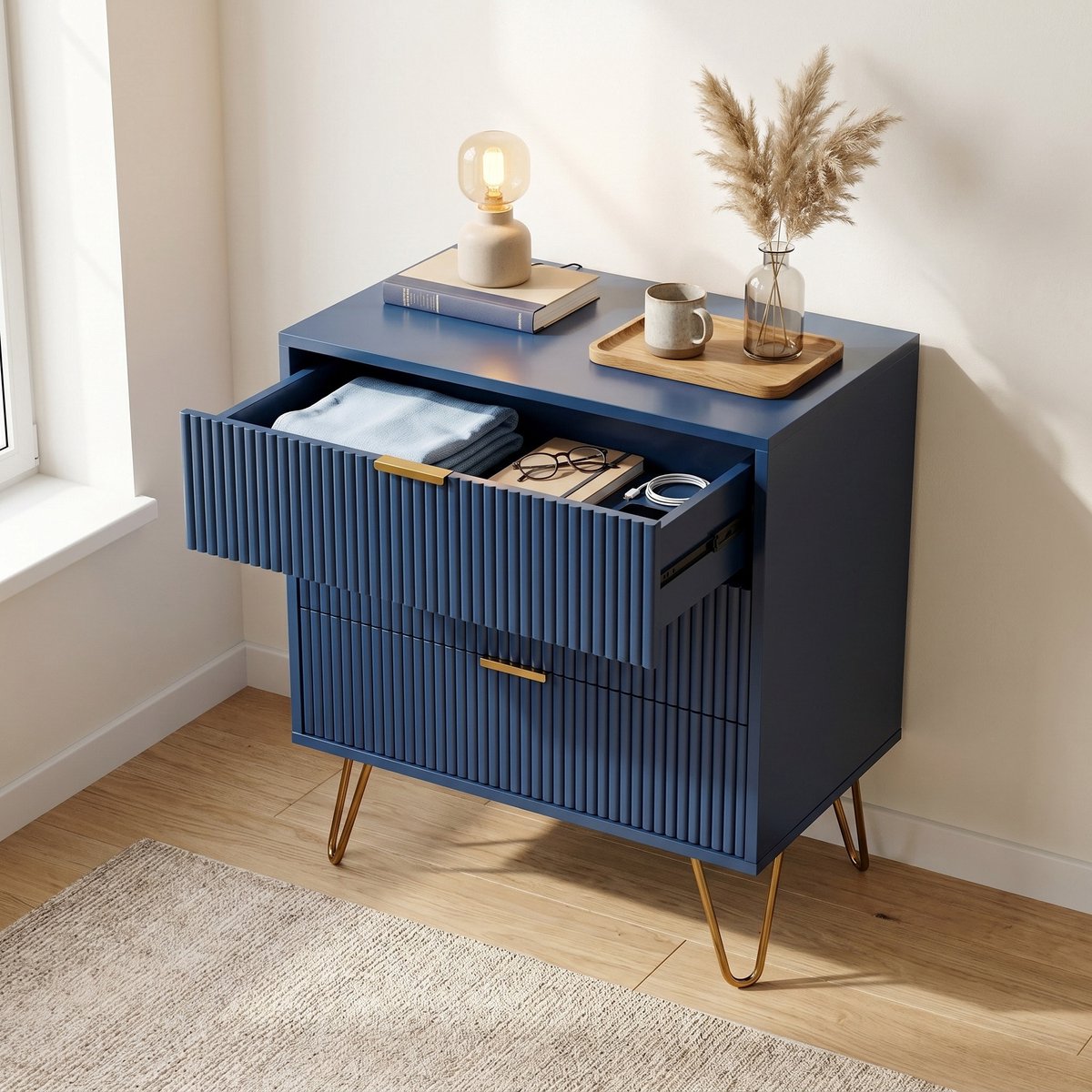 Nachtkastje - Ladekast met 3 lades - 60x40x70 cm - Houten opbergkast met metalen poten - Geribbeld design - Modern - Blauw en Goud
