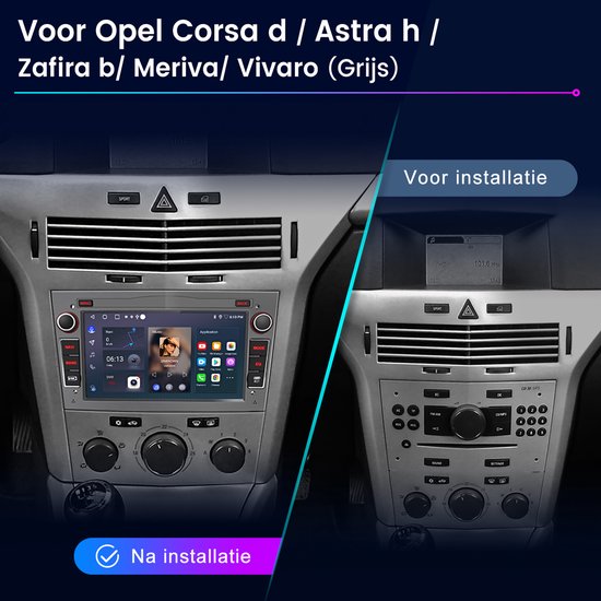 Afbeelding van een autoradio in een auto, voor en na installatie. Geschikt voor Opel Corsa d / Astra h / Zafira b / Meriva/ Vivaro.