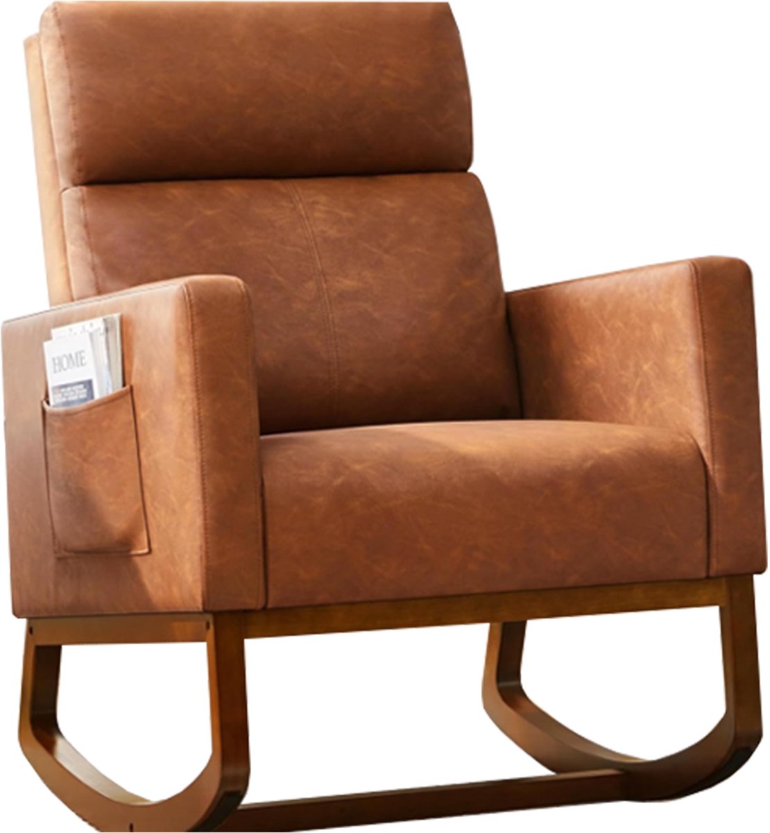 Comfortabele Schommelstoel Teddy Stof - Relaxfauteuil met Zijzakken - Zachte Bekleding & Massief Houten Poten - Ideaal voor Babykamer en Woonkamer - Bruin