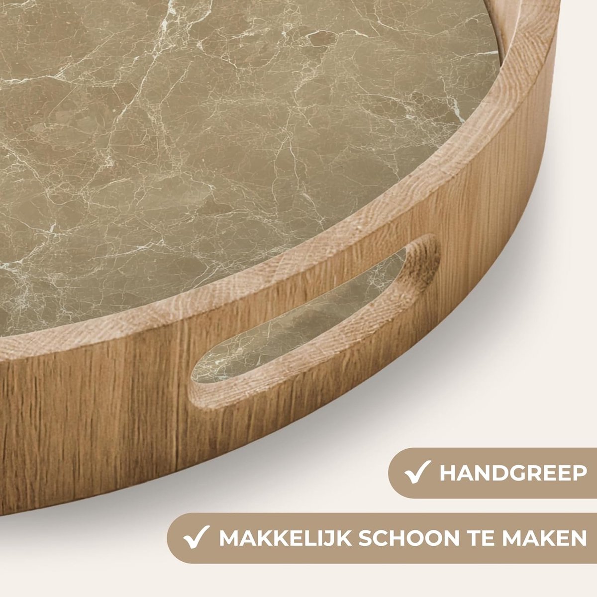 Houten Dienblad Rond - Serveerschaal Handgrepen - Ontbijt Op Bed - Krasbestendig Hittebestendig - 50x50 cm - Marmer Beige — cadeau in Cadeau-ideeën - foto 2