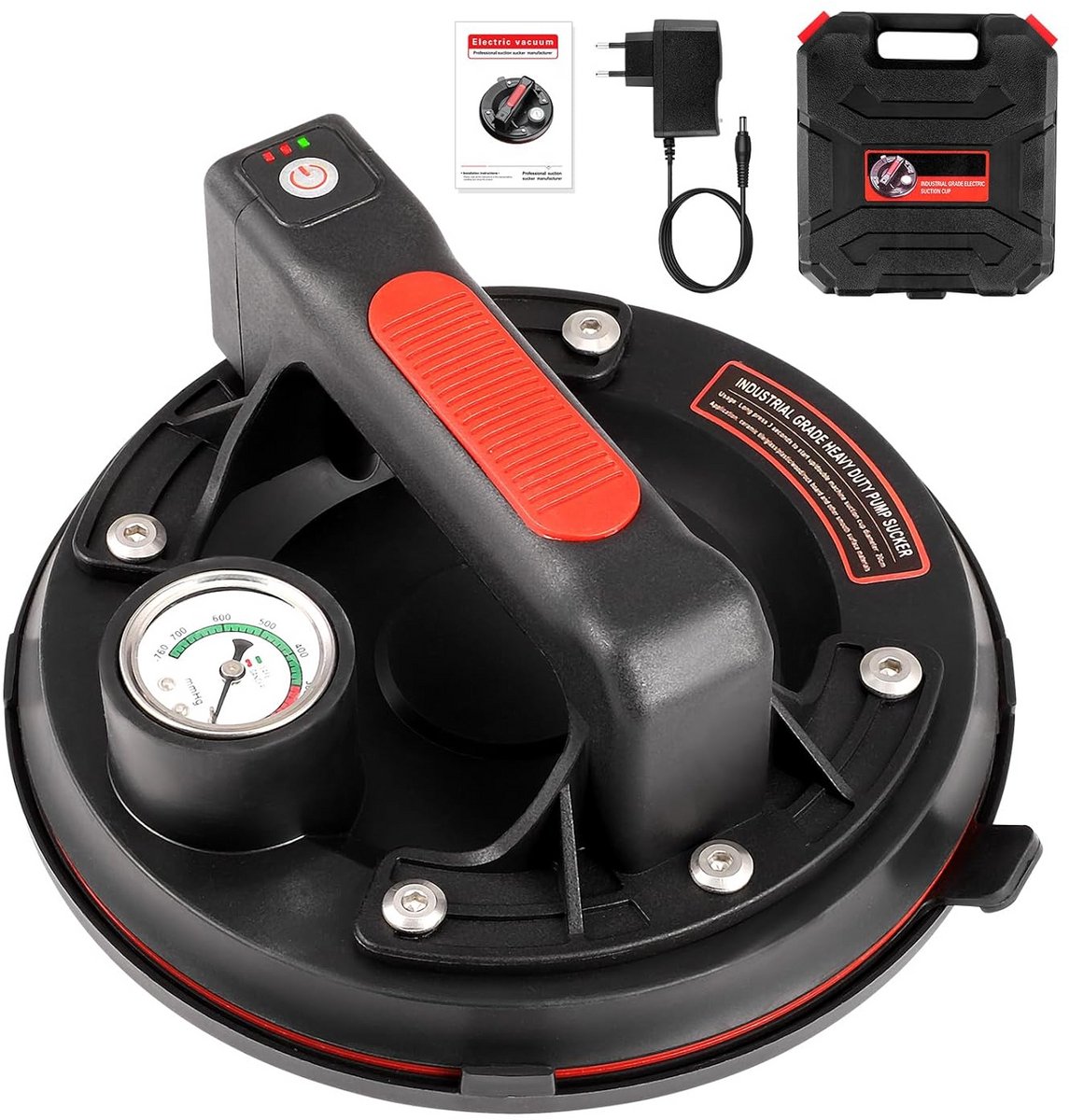 Elektrische Zuignap - Pomphouder Glaslifter - Gladde Oppervlakken Verplaatsen - Met Drukmeter - 20 cm - Zwart