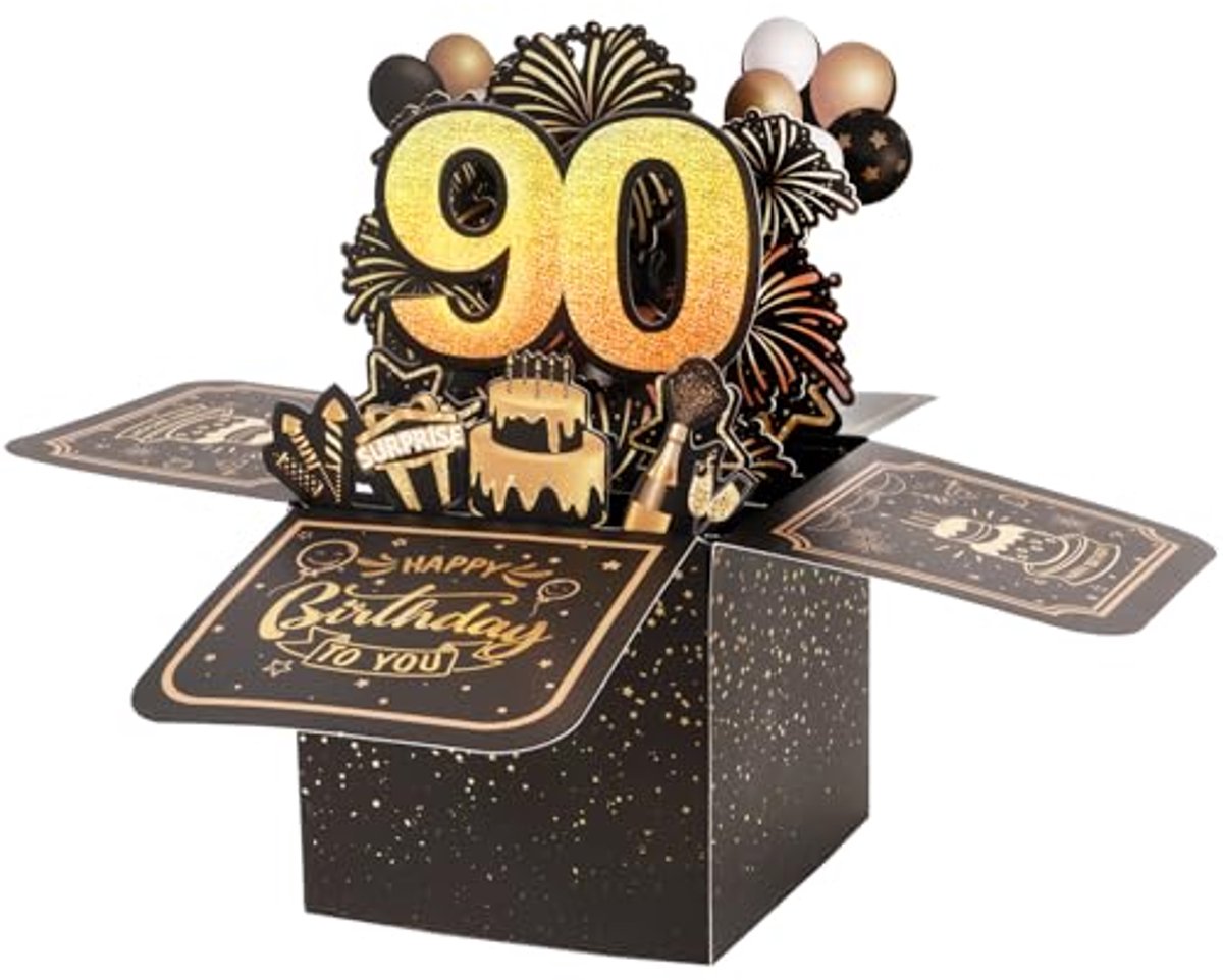 Wenskaart 90 Jaar - Pop-up Verjaardag - Feestelijke Groet - 3D Ontwerp - 10x10x21 cm - Zwart Goud