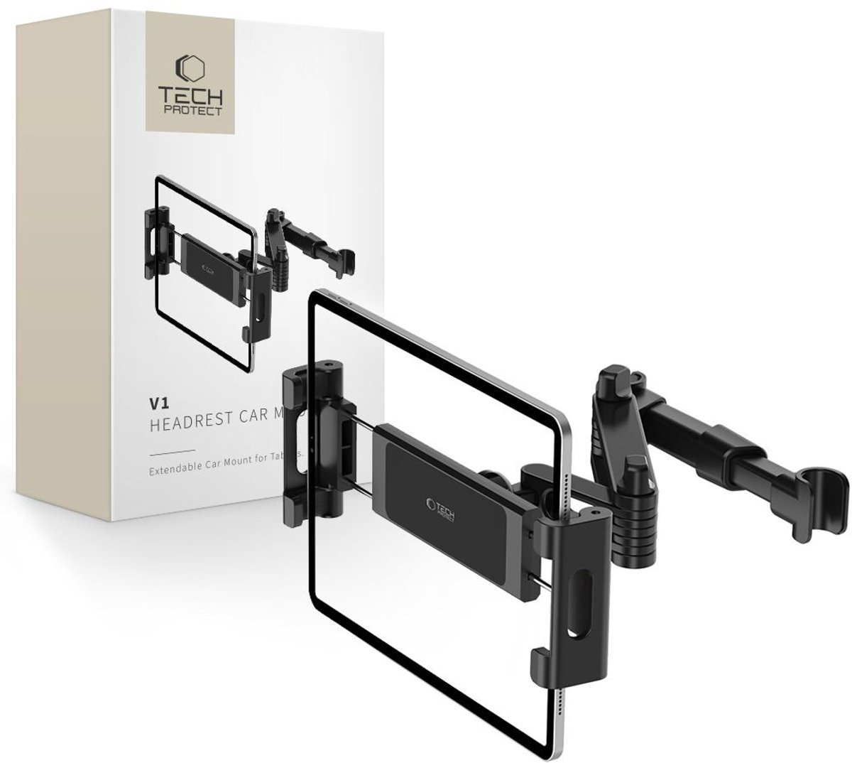 Tech-Protect V1 - Auto Telescoop Houder - Montage op Hoofdsteun - Zwart - Verstelbaar