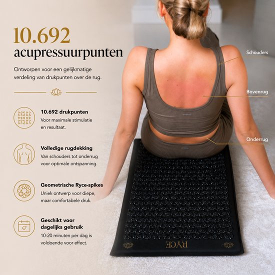 Vrouw op een zwarte spijkermat, rode plekken op rug. Overige tekst: 10.692 acupunctuurpunten.