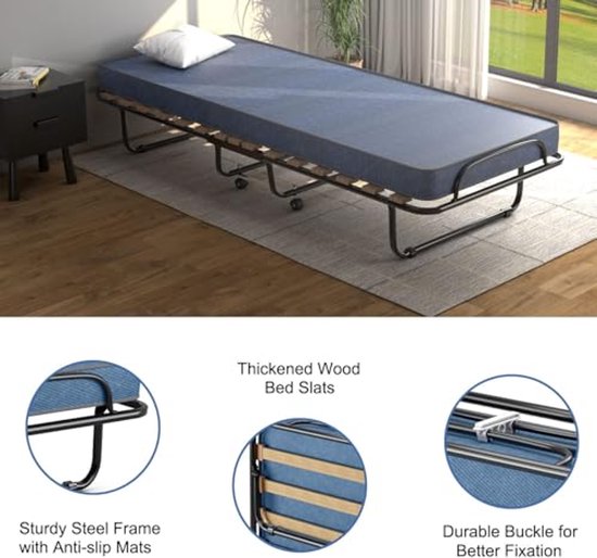 Opklapbed - Logeerbed - Extra Slaapplaats - Traagschuim Matras - 190 x 80 cm - Blauw — afbeelding 3
