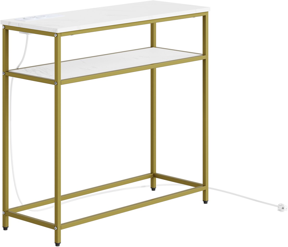 SoBuy Haltafel - Haltafel met lades en ingebouwd stopcontact - Hal tafeltje met marmerlook blad en 2 open planken - Goud en wit metaal, hout | FSB106-E-G Creme wit
