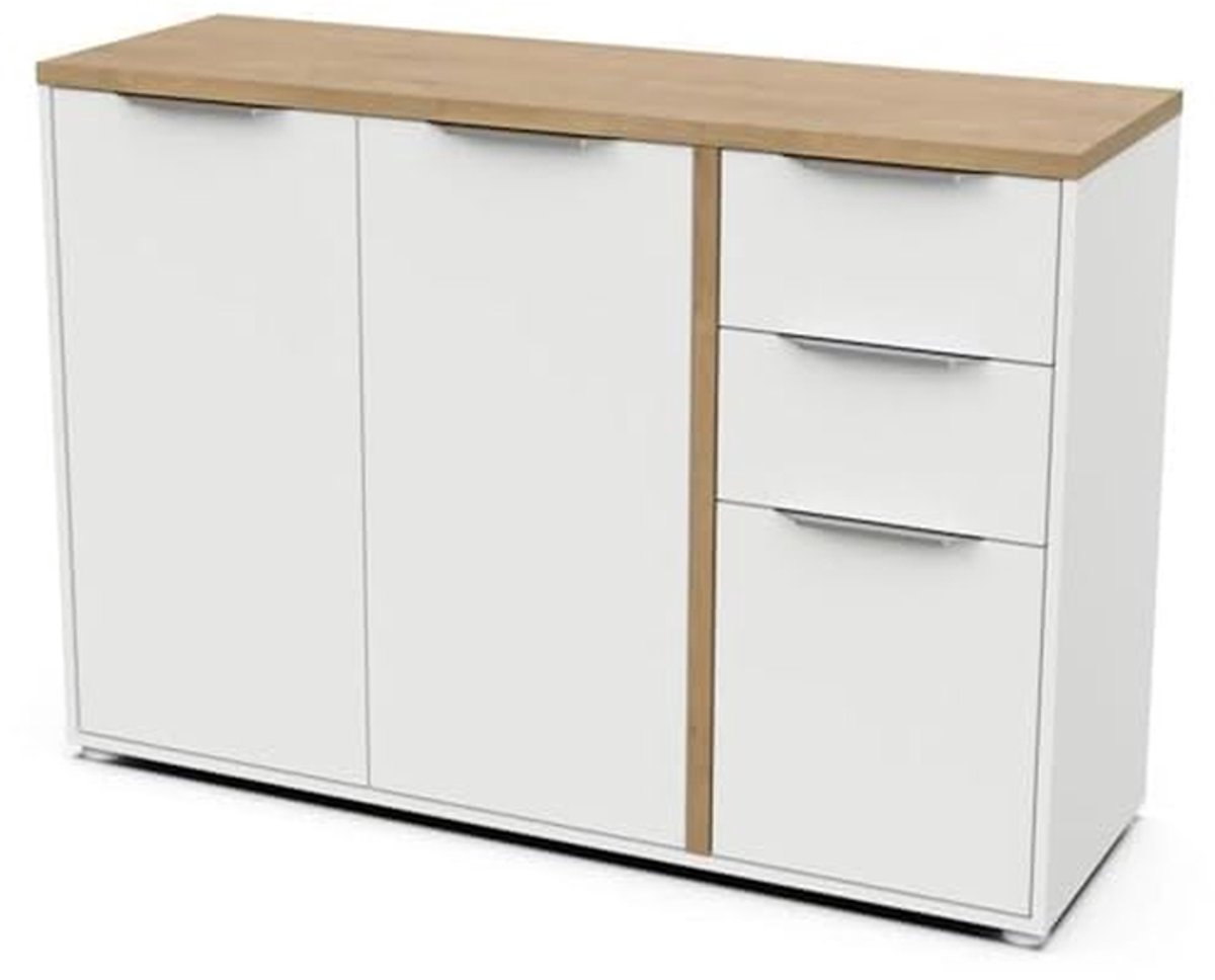 Dressoir met deuren - Opbergkast - Woonkamer organiseren - Scandinavisch design - 121 cm breed - Mat wit en eiken