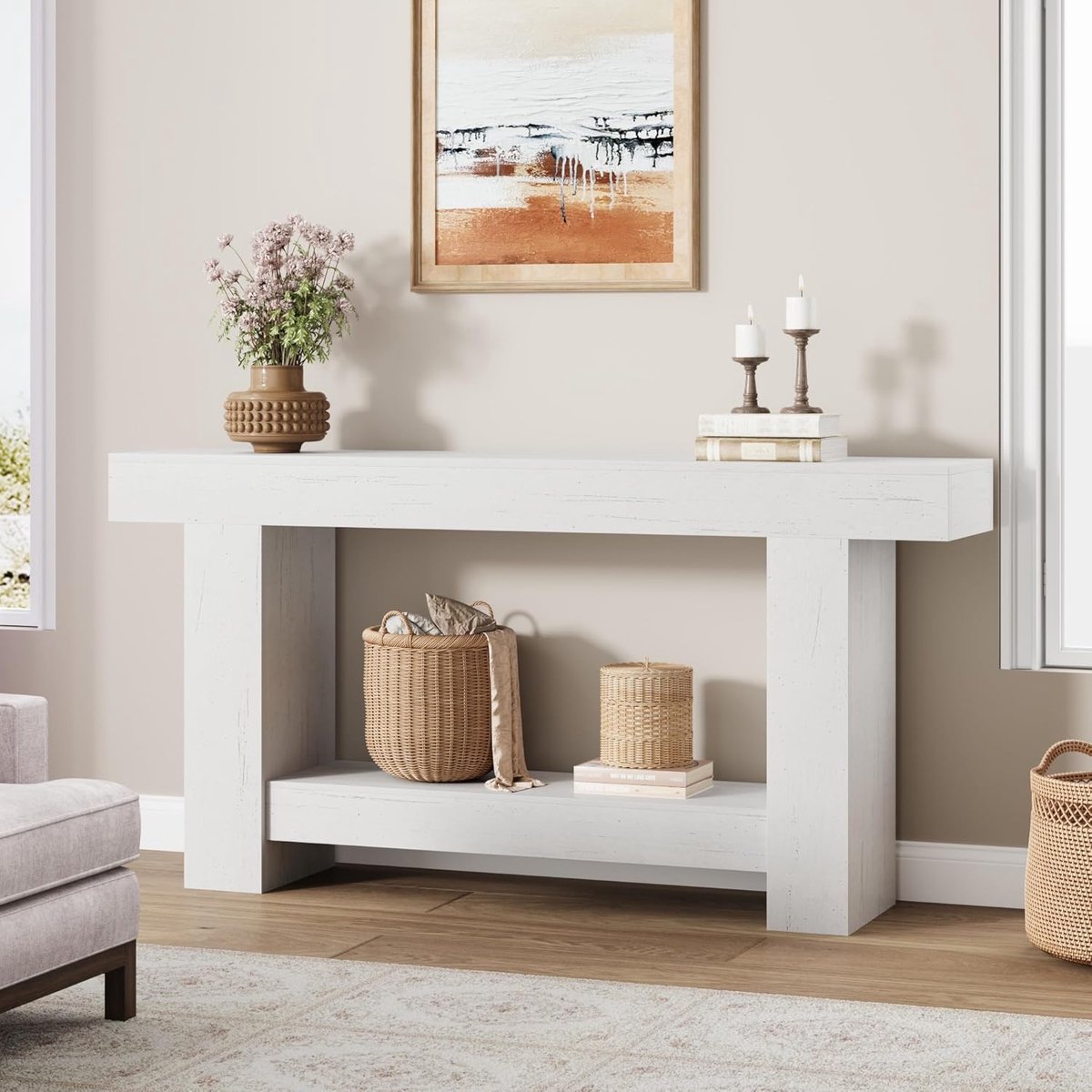 Triumpunpre CONSOLE, Consoletafel, 160 cm consoletafel, Lange haltafel met 2 niveaus en opbergruimte, Landelijke stijl, eikenhout Wit