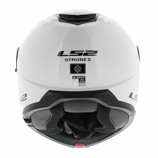 Casque modulable blanc LS2, vue arrière. Logo LS2 noir et 'Strobe II' à l'arrière.