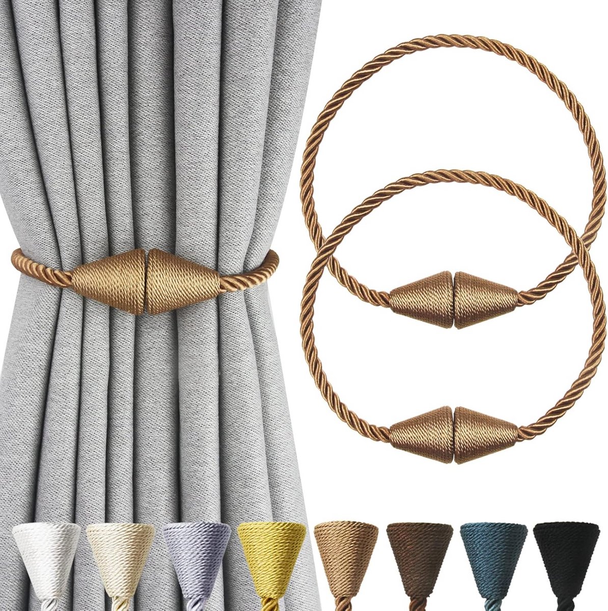 Gordijnbinders Set - Gordijn Tiebacks - Raamdecoratie - Sterke Magneten - 48 cm Lengte - Kaki