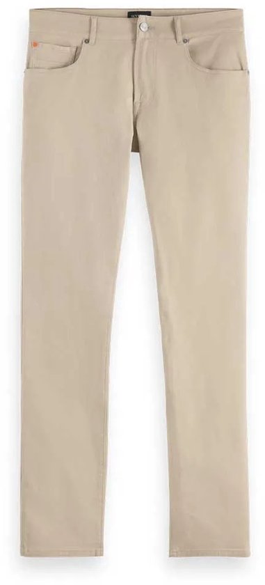 Beige corduroy broek, voorkant, met zakken en knoopsluiting.