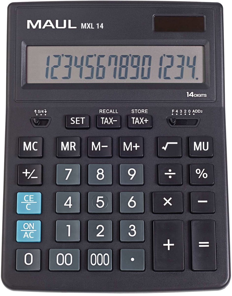 MAUL Bureaurekenmachine MXL 14 LCD-scherm 1-regelig, 14 cijfers Solar Batterij 20.5 x 15.5 x 3.5 cm zwart