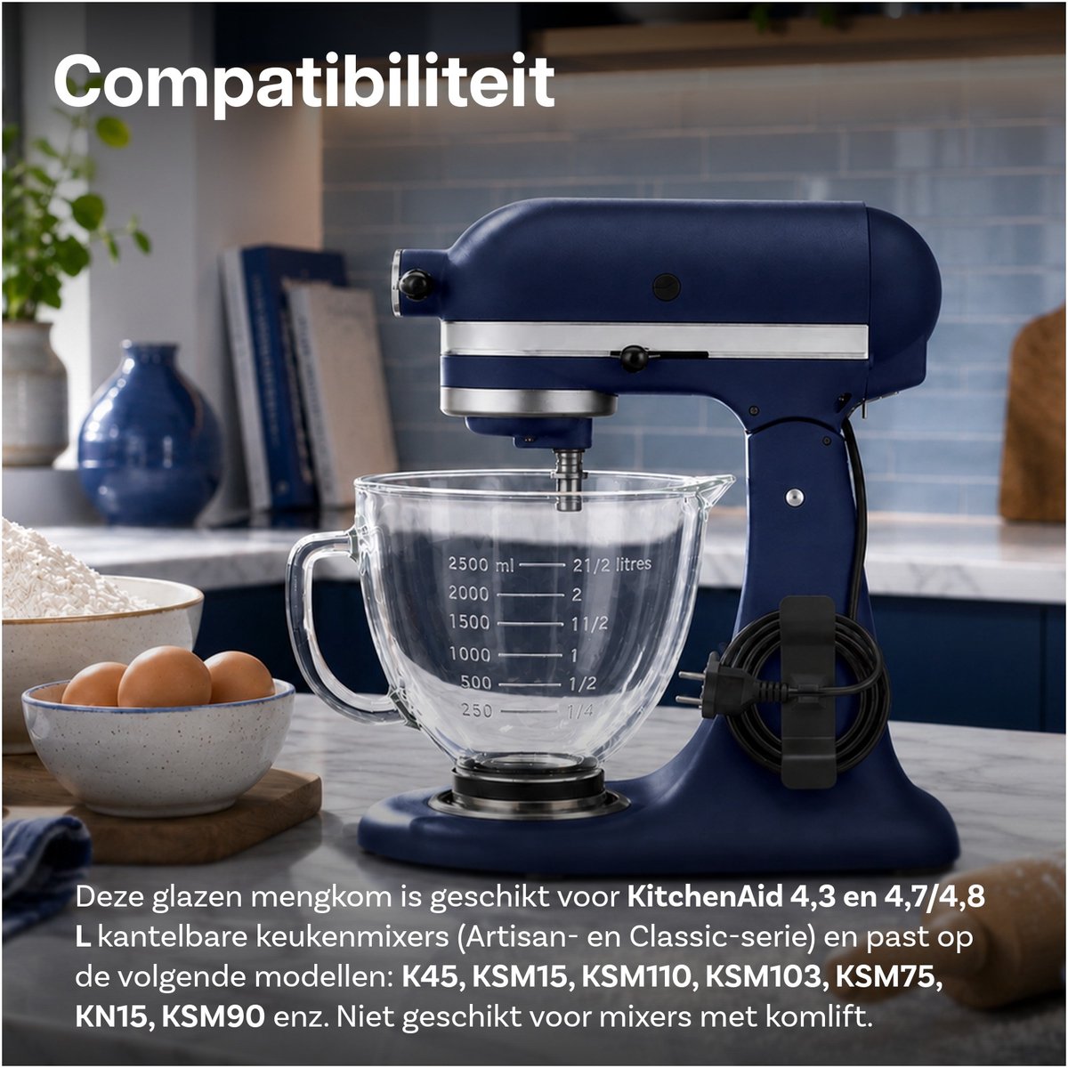 Glazen Mengkom voor KitchenAid 4.3, 4.7/4.8L Tilt-Head Stand Mixer Artisan & Classic Serie van MMOBIEL – 4.8L Glazen Kom met Handvat, Schenktuit & Maataanduiding – Enkel Handwas thumbnail 6