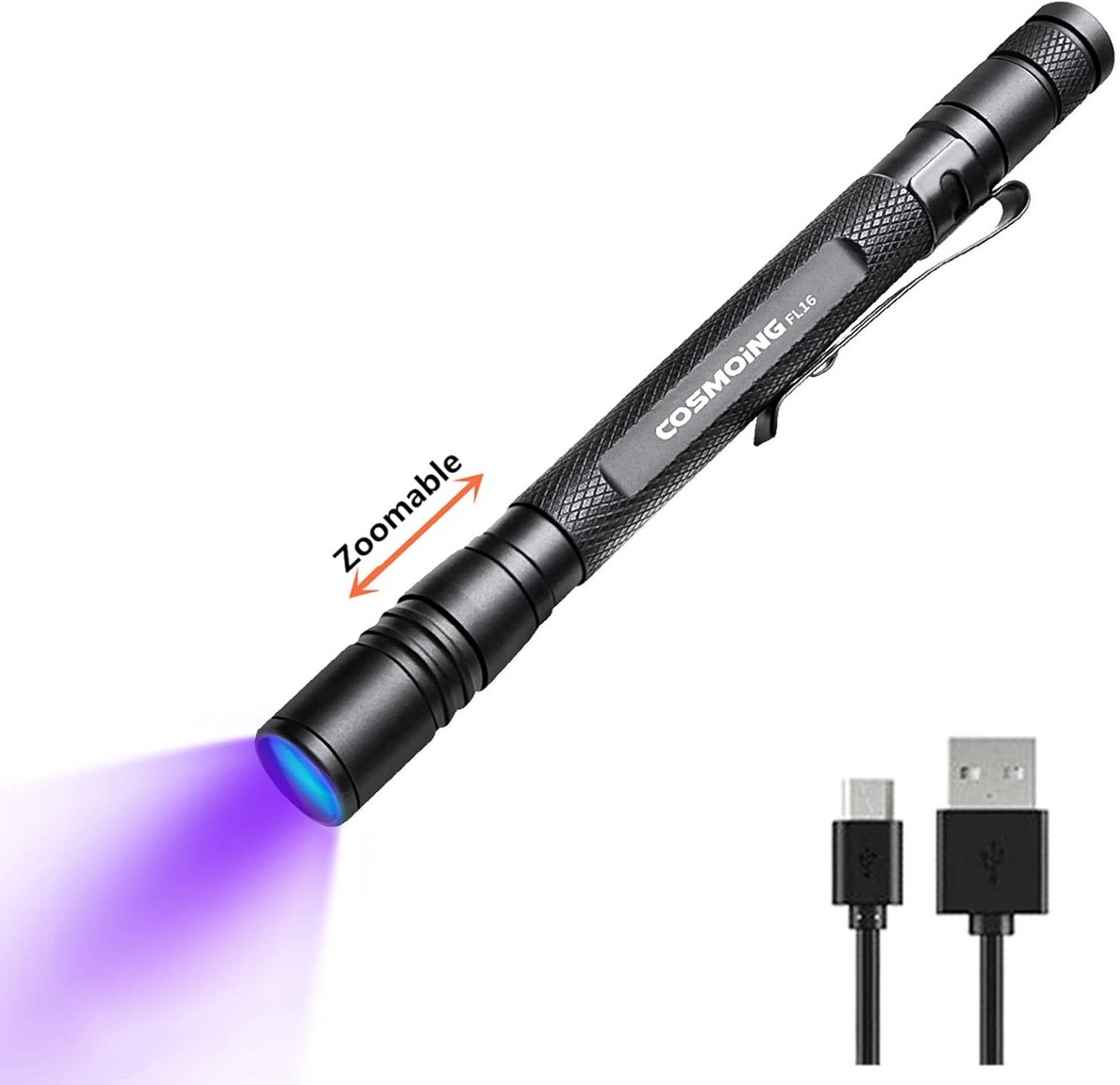 UV Zaklamp - Blacklight Detector - Vlekken Opspeuren - USB Oplaadbaar - 14 cm - Zwart