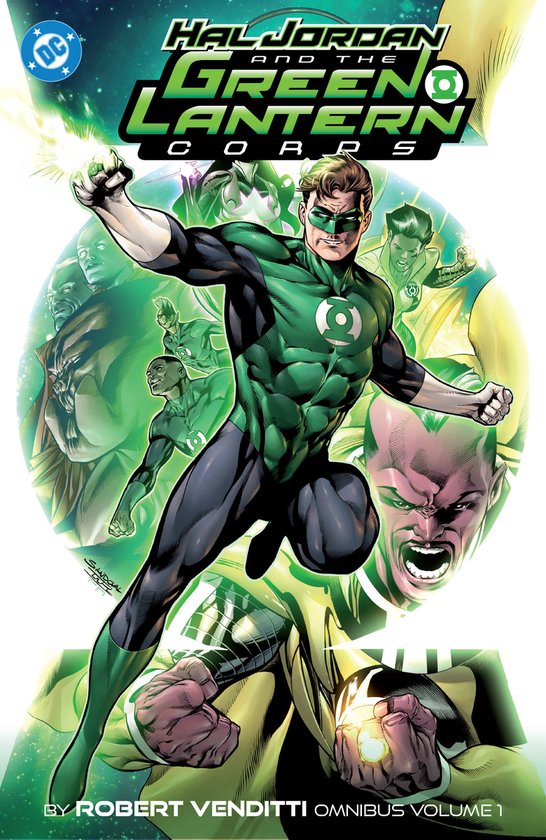 Hal Jordan, la Lanterne Verte, en action avec son anneau de pouvoir vert, entouré par d'autres Lanternes Vertes et leurs ennemis. Texte : Hal Jordan and the Green Lantern Corps.