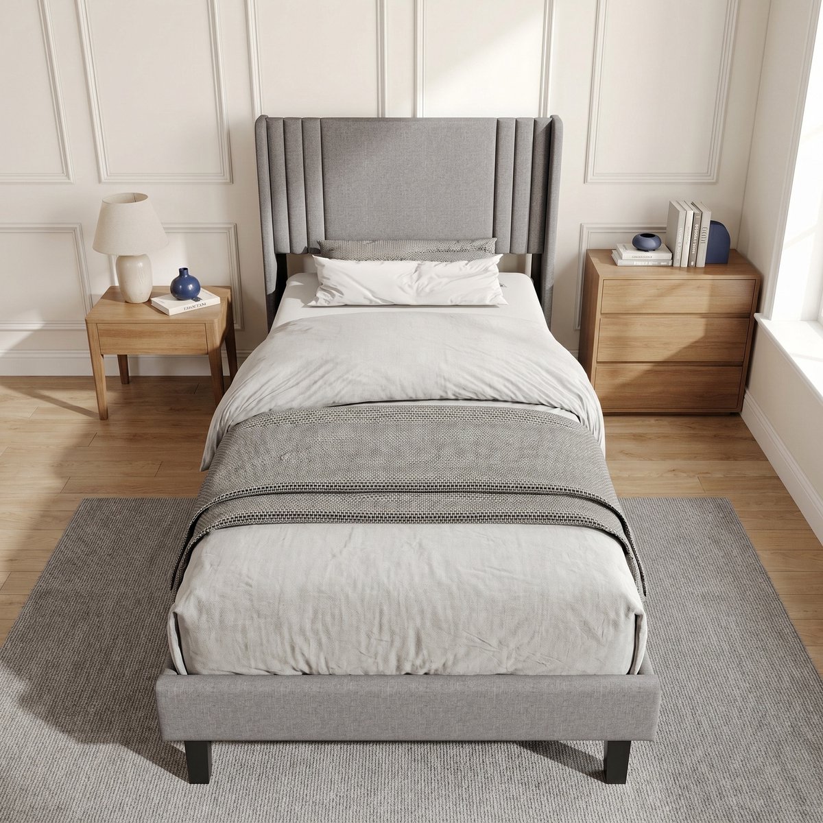 Eenpersoonsbed 90x200 cm met hoofdbord en opbergruimte - metalen en houten frame - linnen stof - moderne stijl - Grijs