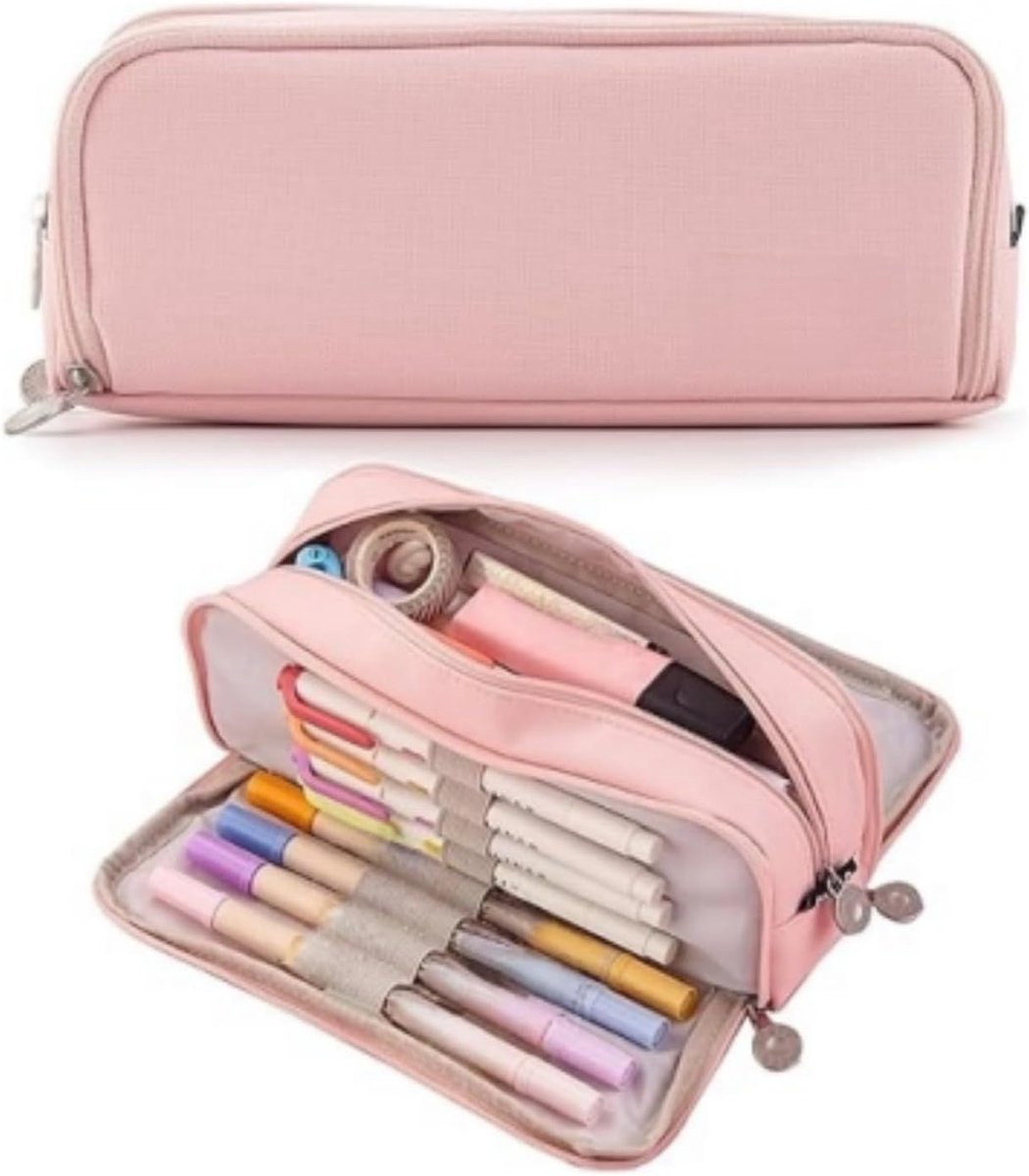 VHV - Pennenetui - Etui school - Pennenzak groot - Etui met 3 vakken - Grote pennenmap - Canvas look pennenzak - Etui met rits - Schrijfwaren organizer - Voor school - Voor studie - Voor kantoor