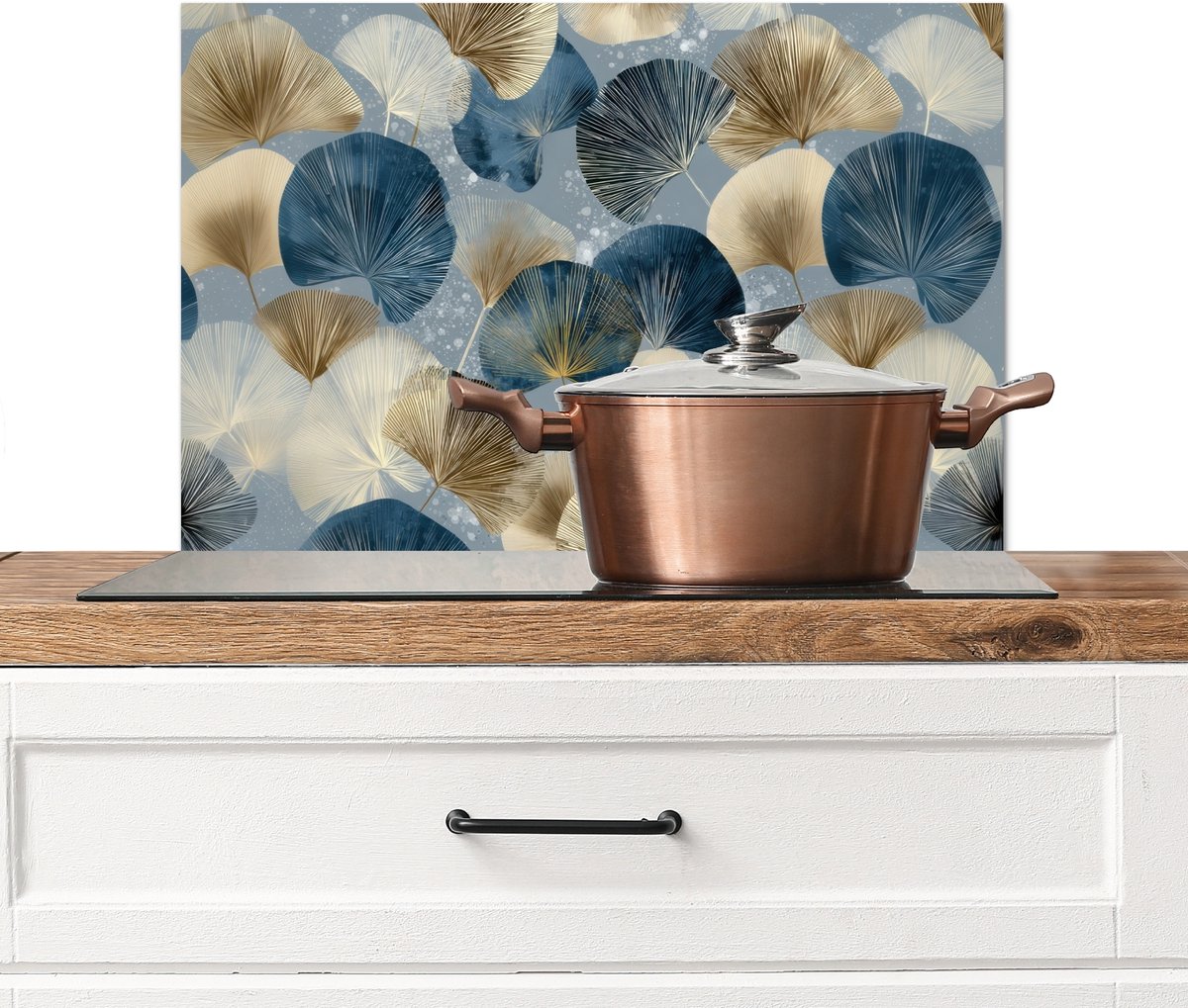 KitchenYeah Spatscherm keuken 60x40 cm Kookplaat achterwand Bladeren Abstract Goud Blauw Muurbeschermer Spatwand fornuis Hoogwaardig aluminium
