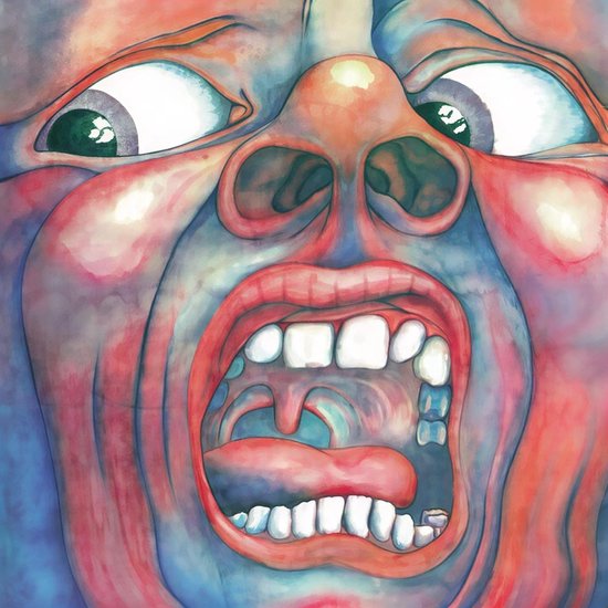 Het iconische gezicht van King Crimson, met wijd opengesperde mond en ogen, in rood en blauw.