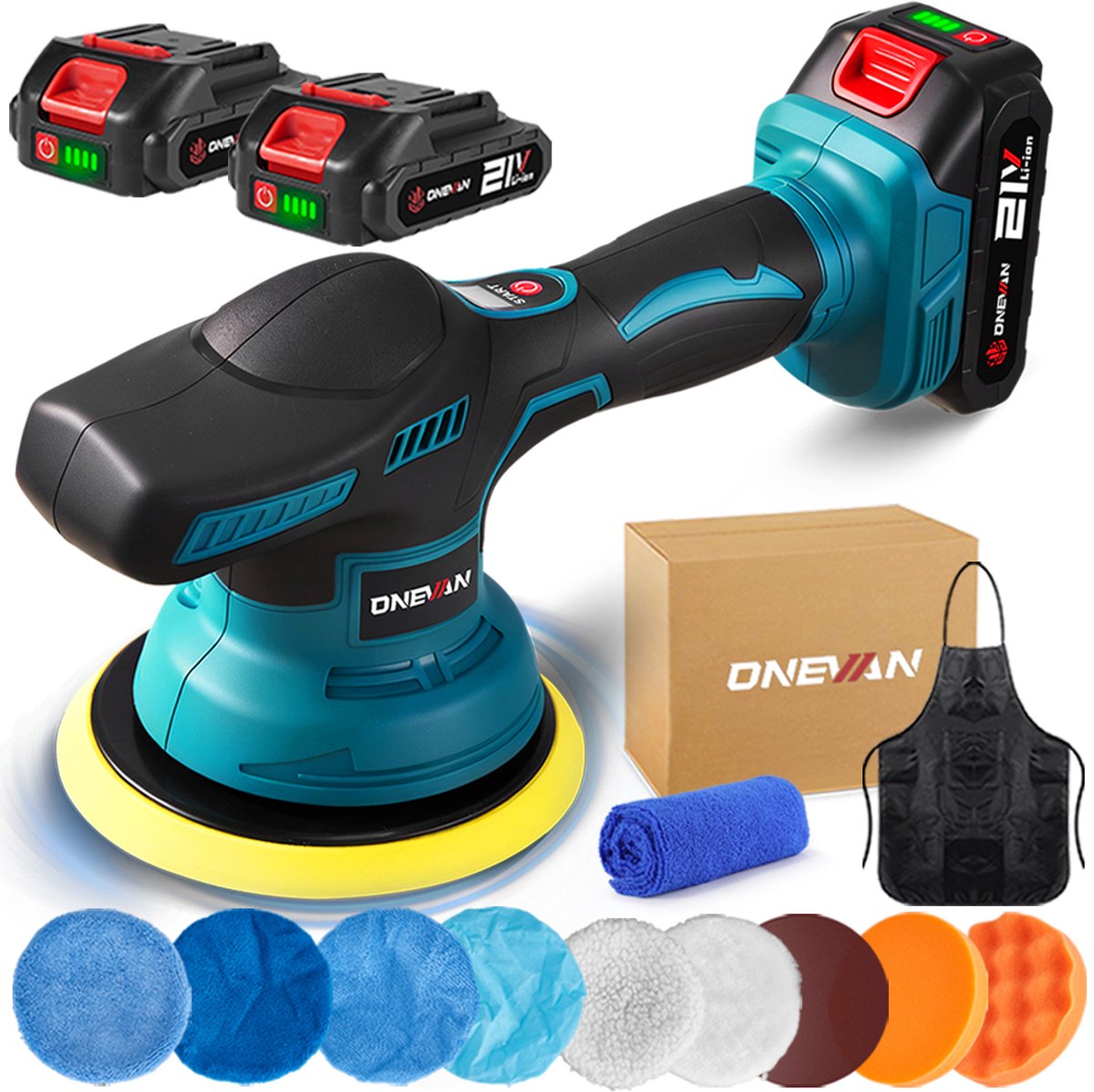 ONEVAN Polijstmachine Auto - 150 mm Accu polijstmachine - met 2× Batterijen - 8 Instelbare Snelheden - voor Waxen, Polijsten & Lakherstel