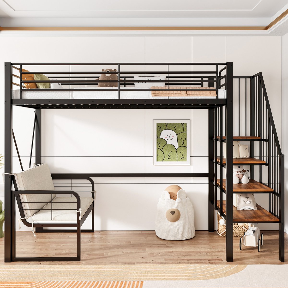 VVBV Stapelbed 90x200 / Stapelbed met opbergruimte / Stapelbed met trap – met Ladder – Metaal – Zwart – Kinderstapelbed met Opbergtrap en Opbergruimte Black
