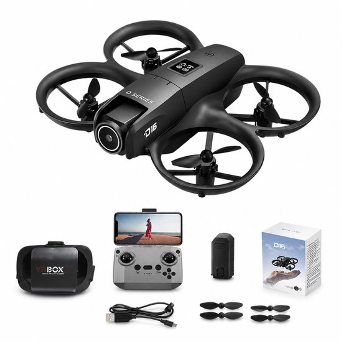 Velmio Drone Dual 8K D16 - Mini Drone met Camera - Drone - Obstakelvermijding - 180 ° Verstelbare GPS-positionering - 15000 M - Zwart