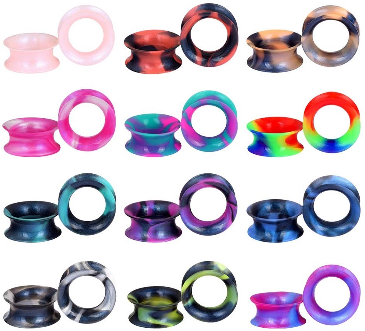 Dailygoods- Oorpiercings 12 Paar - Siliconen Flesh Tunnels - Double Flared - Zacht/Flexibel - Expander/Stretcher - 6 mm/20 mm - Oorpiercing