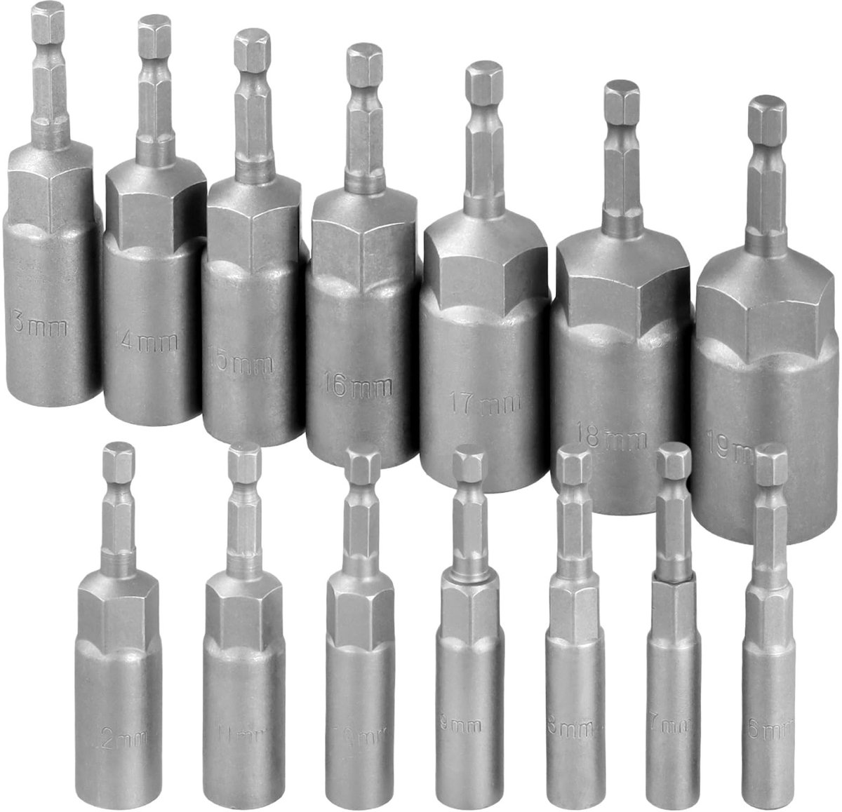 Cosensi- Impact Socket Set 14-delig - Diepe Metrische Doppen 6-19 mm - 1/4 Inch Zeskantschacht - Moer Extractor - Geschikt voor Slagschroevendraaiers - Efficiënte Workflow - Moerdrager