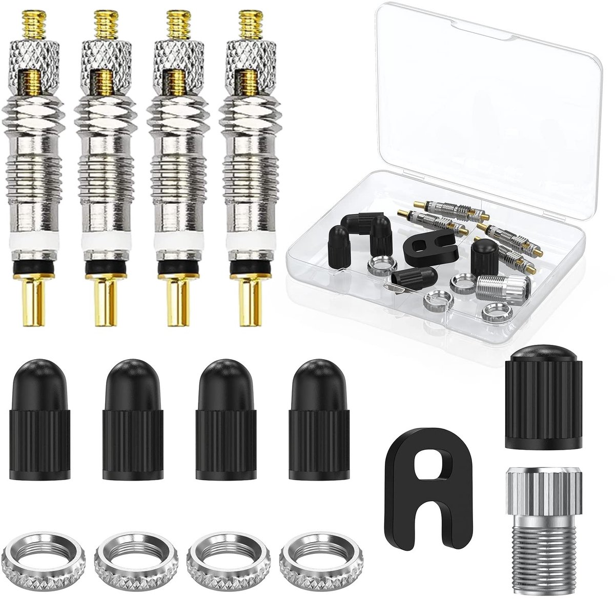 Dailygoods - Presta-ventielkernset - Fietsventiel vervanging - Duurzaam materiaal - 15-delige set - Inclusief adapter - Geschikt voor de meeste fietse...