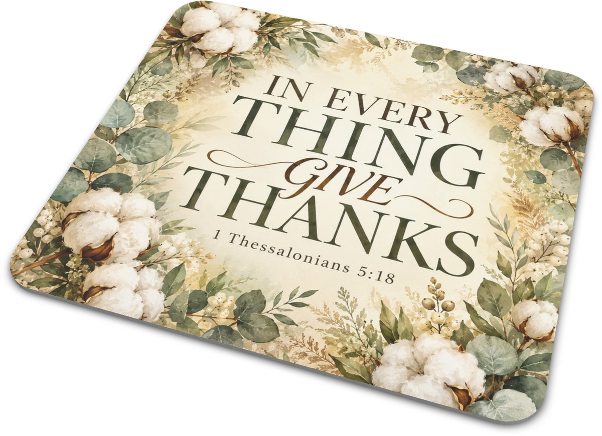 Muismat - Bijbeltekst 'In Every Thing Give Thanks' - Rustiek Farmhouse Bloemendesign met Katoenbollen en Eucalyptus - Warm Neutraal Kantoor Cadeau - 22x20 cm