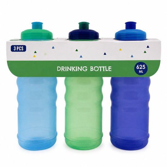 Ensemble de 3 gourdes réutilisables de 625 ml, emballées dans un support en carton blanc et vert. Les gourdes sont bleu clair, vert et bleu.