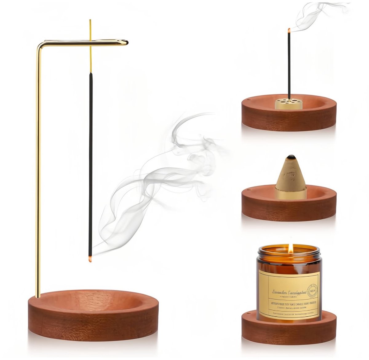 Dailygoods- Wierookstokjeshouder 2-in-1 - Wierookbrander - Houten Basis - 9-gaats Houder - Multifunctioneel - Ideaal voor Yoga/Meditatie
