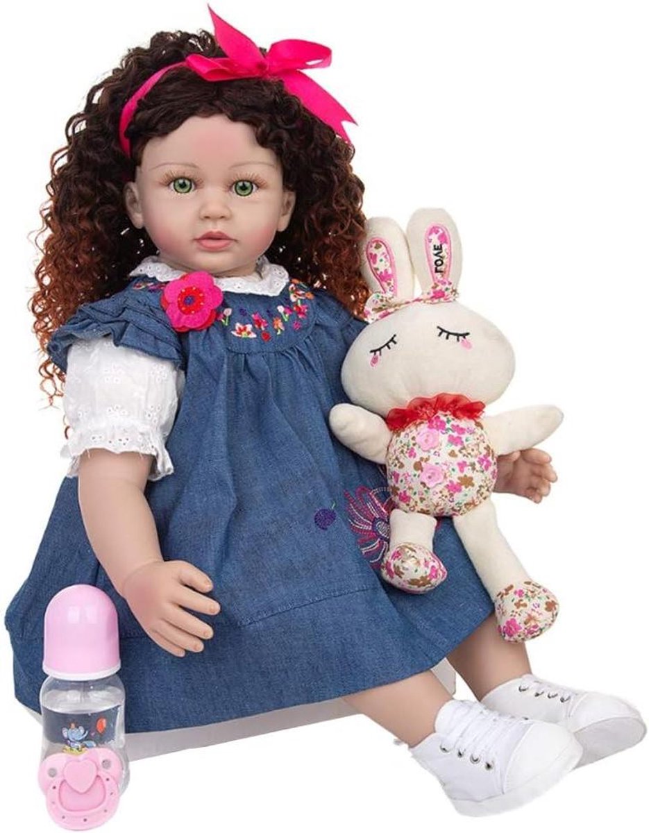 Babypop Peuter - Levensgetrouwe pop - Rollenspel kind - Zacht stoffen lijfje - 60 cm - Groene ogen