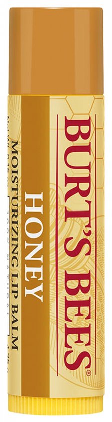 Burt's Bees Honing Lip Balm, gele verpakking met honingraatpatroon.