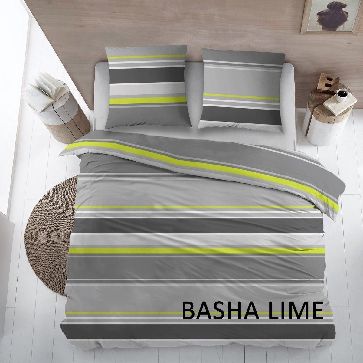 Sleepnight Dekbedovertrek Katoen Basha Lime - 240 x 200/220 cm + 2 kussenslopen - [Groen,Grijs,Antraciet]