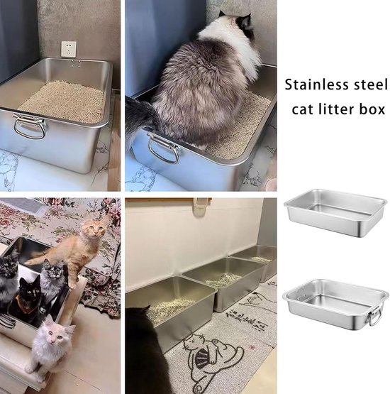Collage van roestvrijstalen kattenbakken met katten, een grote kat en kattenbakvulling.