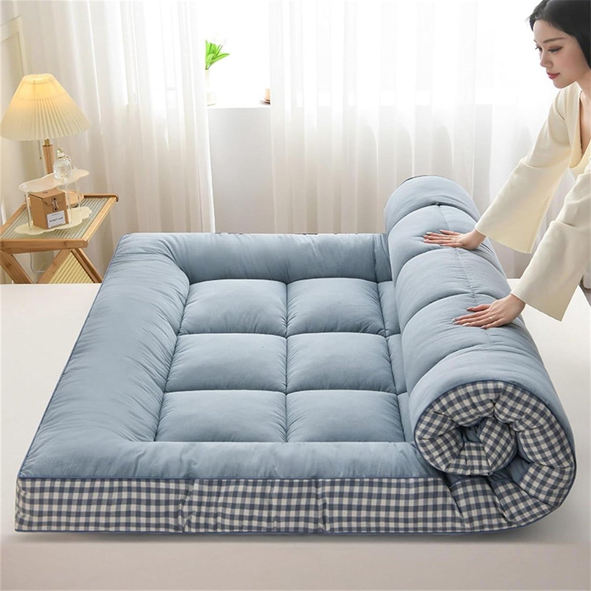 Japanse Vloermatras - Dikke Futon - Ruimte Besparen - Oprolbaar Opvouwbaar - 100 x 200 cm - Blauw