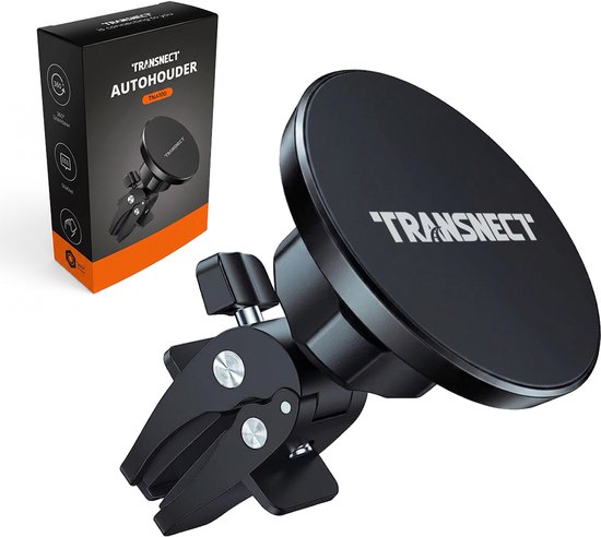 Zwarte magnetische autohouder van TRANSNECT met ventilatieclip, naast de verpakking.
