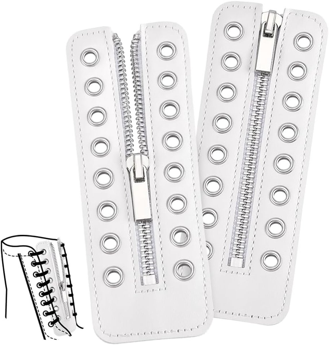 2 Stuks Cowhide Leren Zipper Inserts voor Schoenen, 16.5x6.5cm, Witte Veters en 8 Platinum Gaten voor Sneakers en Laarzen Reparatie