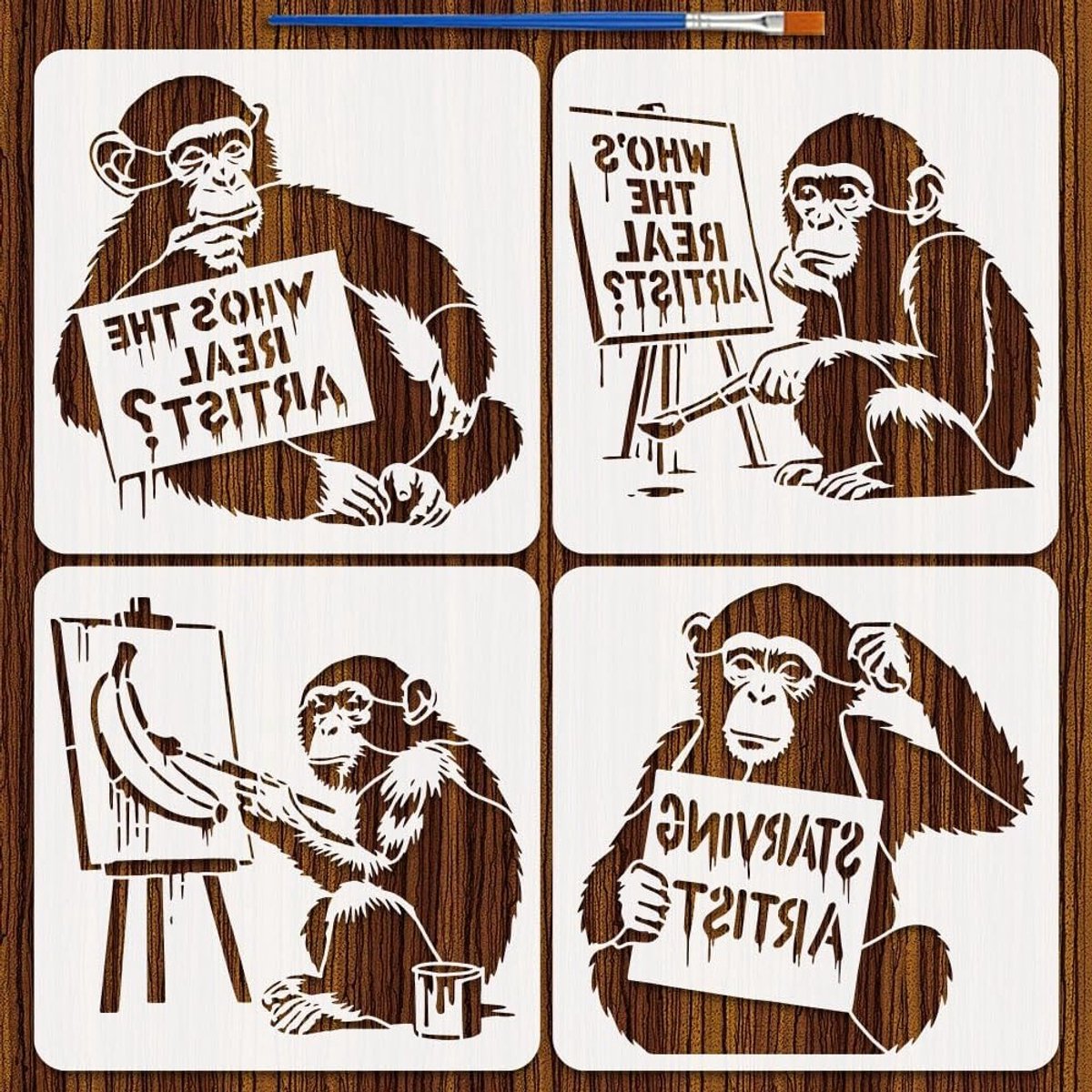 Set van 4 Herbruikbare Sjablonen voor Banksy Schilderijen met Kwast - 30x30cm - Graffiti, Muurdecoratie en Kunst voor Chimpansees
