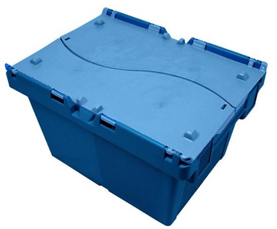 Een blauwe Euronorm distributiebak met scharnierdeksel, 23 liter.