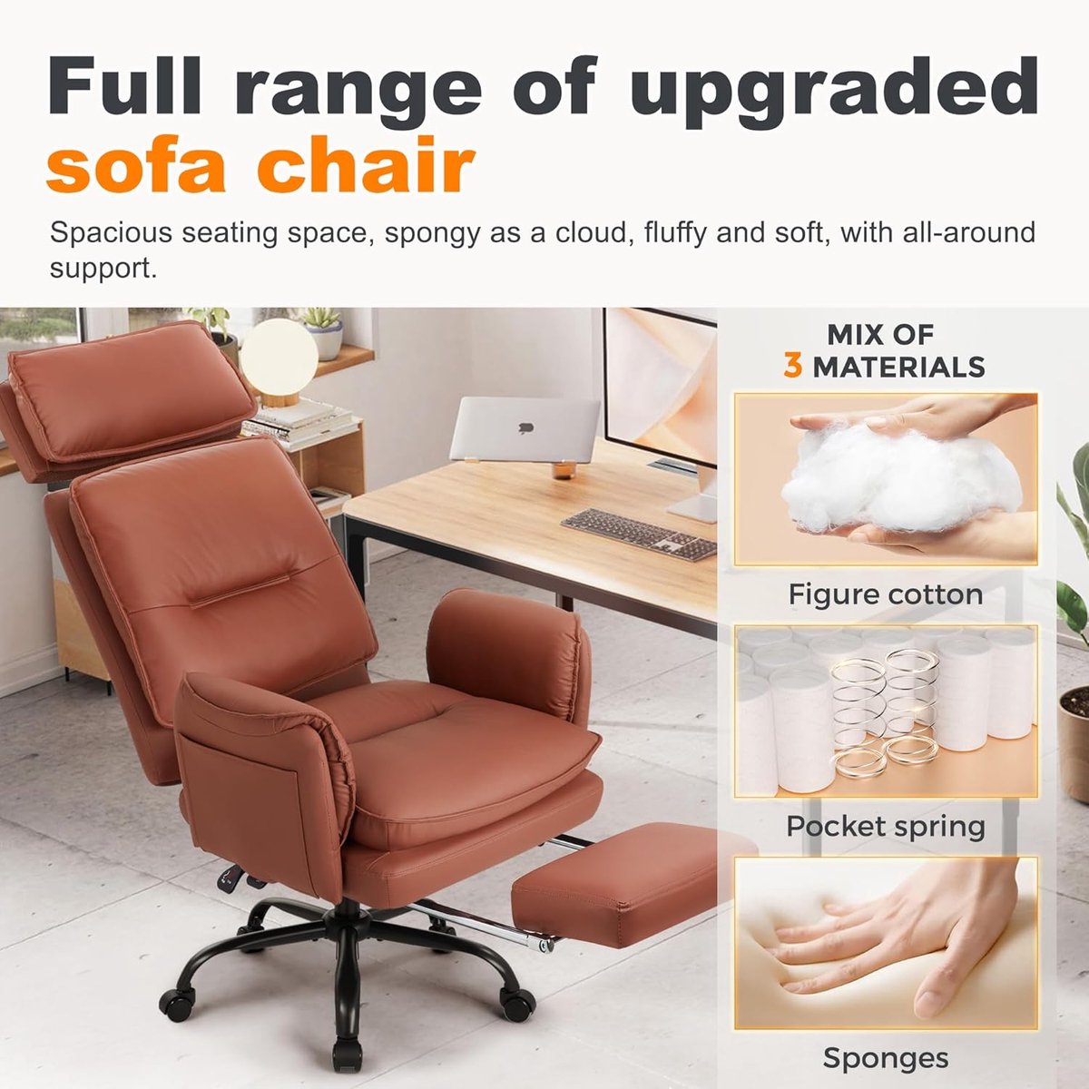 Ergonomische Bureaustoel XXL House&Garden Executive Pro – 227 kg Draagvermogen – Kunstleer – Met Voetsteun – Verstelbare Hoofdsteun – 135° Kantelfunctie – Extra Brede Zitting – Directiestoel – Gaming Stoel – Thuiswerkstoel – Bruin