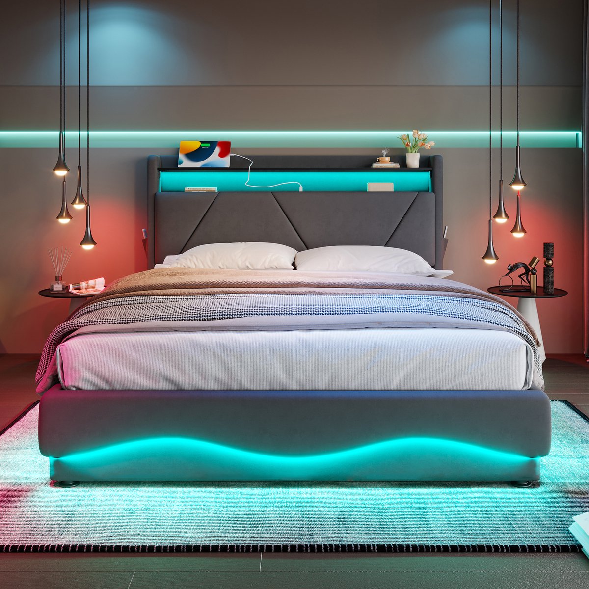 VVBV Bed met opbergruimte 140x200 / Gestoffeerd bed 140x200 / Tweepersoonsbed 140x200 – met LED-Verlichting, USB, USB-C, Stopcontact, Lattenbodem – Fluweel grijs