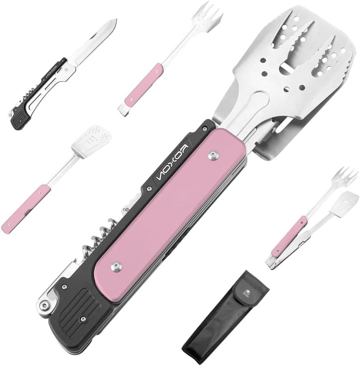 14 Inch 6-in-1 Vouwbare Grillgereedschap Set met Vork, Spatel, Grillmes en Tangen voor Barbecue en Kamperen (Roze)