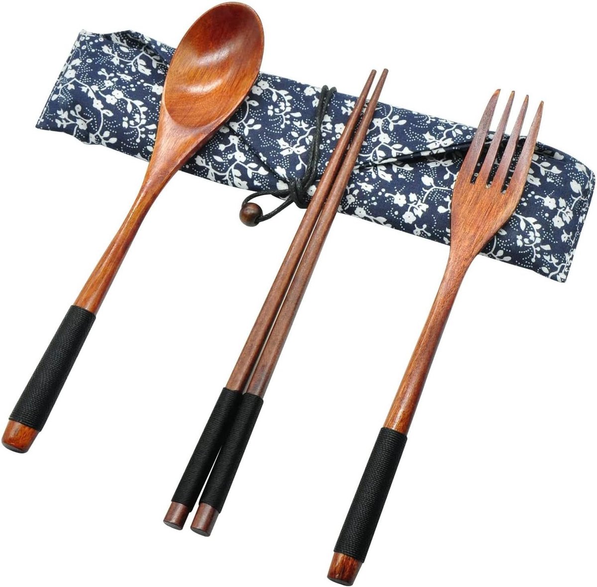 Vintage Houten Bestekset met Eetstokjes, Vork en Lepel voor Thuis, Picknick en Kamperen